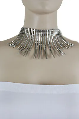 Women African Stylish Fashion Necklace Silver Metal Chains Stripes Jewelry Set • $14.21