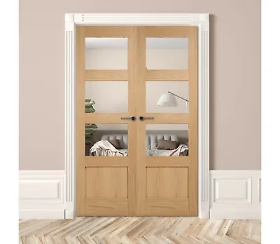 Door Pair Internal French Doors Shaker 3 Light 1 Panel Clear Unfinished Oak Pair • £299.99