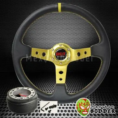 Black/Gold 350mm Deep Dish Steering Wheel & Hub Adapter W/Horn Integra 90-93 DA • $57.49