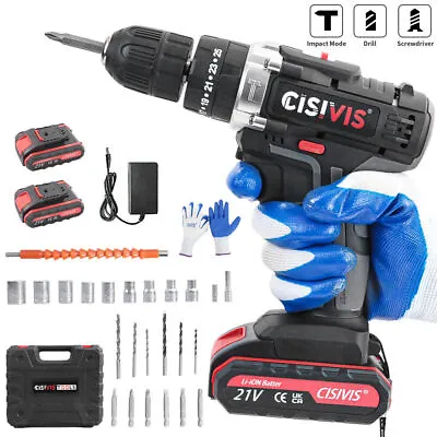 NEW 21V Cordless Hammer Drill Set Electric Impact Driver Screwdriver + 2 Battery • £25.99