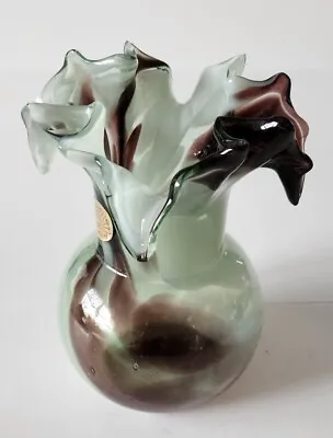Vintage Art Glass Vase MCM Ruffled Sunset USA Spiro OK 50s 60s Label 7  Pretty! • $31.99