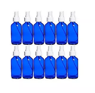 12 NEW 4 Oz. Cobalt Blue Boston Round GLASS Spray Bottle WHITE Fine Mist Sprayer • $19.95