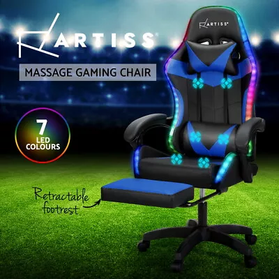 Artiss Massage Gaming Chair 6 Point 7 LED Office Chairs Leather Footrest Blue • $149.95