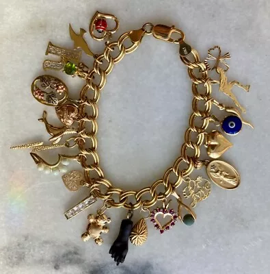 Vintage Solid Gold Good Luck Charm Bracelet With 24 Charms - 24.3 Grams • $1495