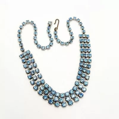 Vintage Light Blue Crystal Triple Strand MCM Mid Century Modern Choker Necklace • $38