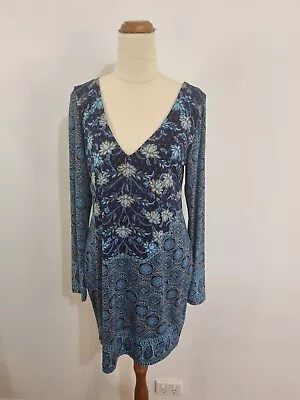 $59.95 • Buy Tigerlily Size 12 Blue Bohemian Long Sleeve Round Neck Mini Dress Scoop Low Back