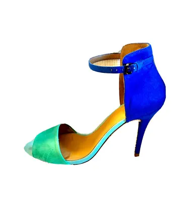 Zara Leather Stiletto Heels Blue & Green Suede Size 10 Ankle Strap • $29.99