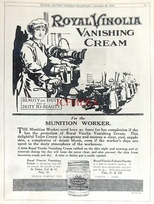 ROYAL VINOLIA Vanishing Cream ADVERT 'Beauty On Duty': 1918 WW1 Toiletries Print • £3.47