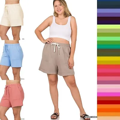 1X 2X 3X Women's Cotton Drawstring Elastic Waist Shorts With Pockets Relaxed Fit • $10