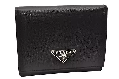 Authentic PRADA Saffiano Triangle Leather Trifold Wallet Purse Black 1270J • $41