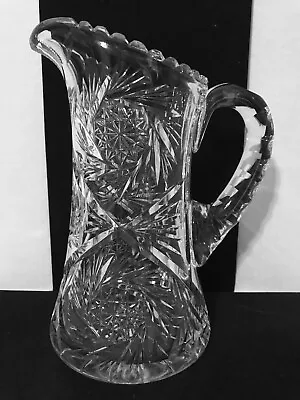 Vintage Beautiful American Brilliant Cut Glass Pitcher Hobstar Pinwheels 9-1/4  • $39.99