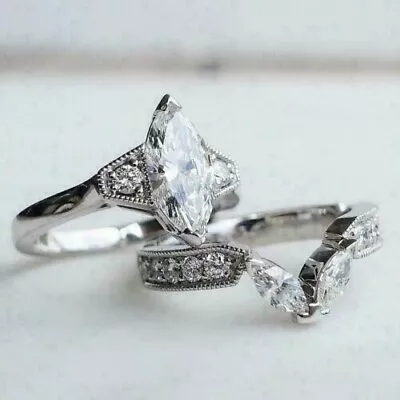 Wedding Bridal Sets Luv Ring 14K White Gold 2.12Ct Marquise Diamond Lab-Created • $295