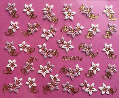 Nail Art 3D Decal Stickers Flowers White & Pink Gold Accents BLE331J • $3.29