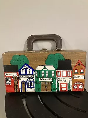 Vintage Wooden Box Bag Purse Hand Painted Village Town Scene Leather Handle • $16