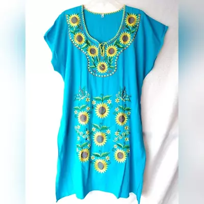 Mexican Embroidered House Dress Blue With Yellow Sunflowers Size Large Chest 46  • $25.57