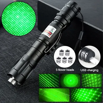2000Miles Strong Beam Green Laser Pointer Pen 532nm Torch USB Rechargeable+Caps • £11.98