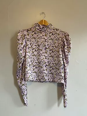 $3 • Buy Zara Satiny Rose Print Blouse With Shoulder Pads, Paris, Women’s Large