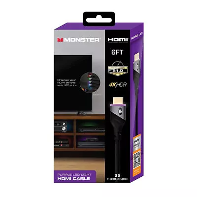 Monster MHV1-1026-PUR 6 Feet 4K HDR 21 Gbps Purple LED Light HDMI Cable • $10.50