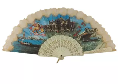 Folding Hand Fan Venezia Italian Fabric & Lace Handheld White Plastic • $15