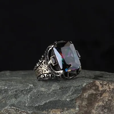 Real Pure 925 Sterling Silver Ring Gothic Baguette Mystic Topaz For Men's • $68