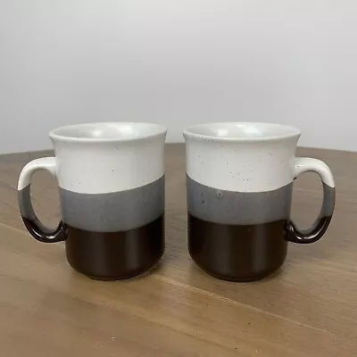 Vintage Stoneware Coffee Mugs 2x Tri Colour Brown Stripe Tan Heavy Retro Cups • $20