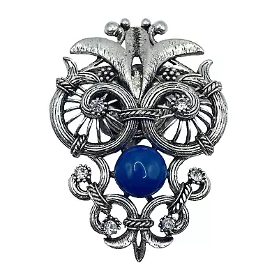 Gianni Bini Magnetic Brooch Scroll Owl Blue Cabochon Silvertone 2-7/8  L • $9.99