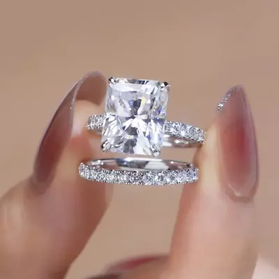 Unique Radiant Cut Moissanite Bridal Set Wedding Gift Ring 14K White Gold Plated • $172.49