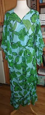 Cabi Dress Size Xl Angel Wing Sleeve Blues/green Polyester Wrap Around Midi • $24.99