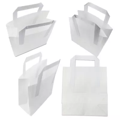 SMALL(7x9x3.5 )WHITE PAPER CARRIER BAGS WITH HANDLES KRAFT SOS LUNCH FLAT • £5.19