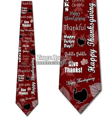 Happy Thanksgiving Turkey Leaves Collage- Maroon - Mens Tie New • $18.75