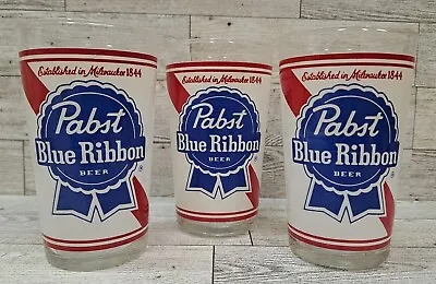 3 VTG 4¾in Pabst Blue Ribbon LOGO Beer Glass  Established In Milwaukee 1844 • $24.96