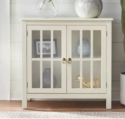 Small Glass Door Cabinet Display Antique White Wood 2 Door 2 Shelf Curio Buffet • $171.53