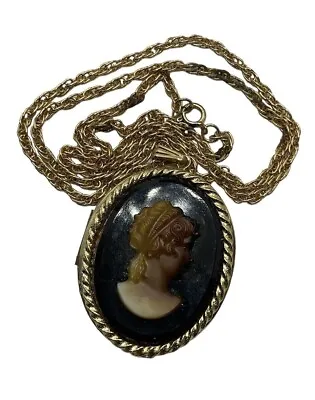 Vintage Large Locket Root Beer Colored Lucite Cameo Gold Pendant With Rope Chain • $49.99