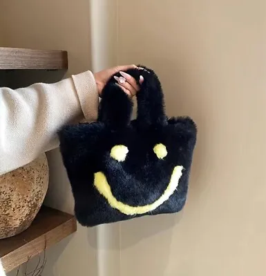 Fluffy Fashion Purse Luxurious Real Fur Emoji Smile Bag Tote • $25.99
