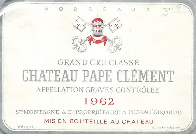 1960's-70's Chateau Pape Clement French Wine Label Vintage 1962 Original A386 • $11.97