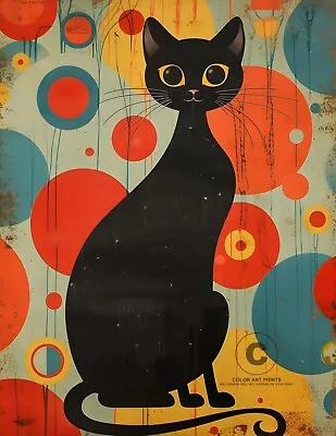 Black Cat Big Eyes Abstract Atomic Mid Century Modern Giclée Art Print 8.5X11 • $9.35