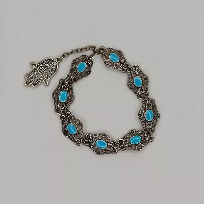 Vintage Blue Enameled Silver Tone Hamsa Evil Eye Bracelet Protection Jewlery • $30.40