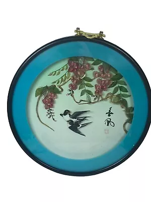 Vintage 3D Floral Birds Shell Art Framed Round Picture Under Glass Asian MCM 12” • $22.49