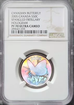 2005 Canada Silver 50 Cent Spangled Fritillary Butterfly NGC PF 70 • $89