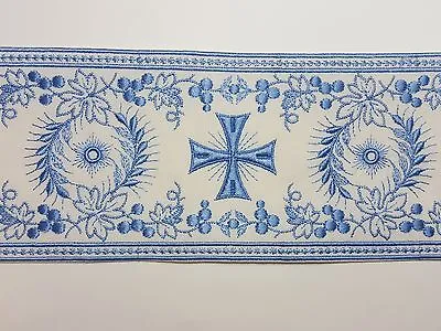 Orphrey Vintage Religious Cross Design Blue On Off White Banding 4-1/2'' C120 • $12