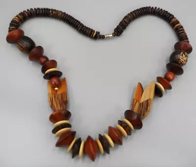 Vintage Tulip Flower Necklace Wood Coconut Shell Beads Folk Art Barrel Clasp 24  • $12