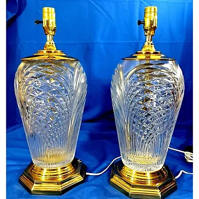 Hollywood Regency Vintage Cut Lead Crystal Brass Table Buffet Lamps MCM Art Deco • $297.50