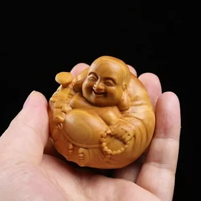 Woodcarving Laughing Buddha Maitreya Sculpture Mini Handmade Statue  Car • £6.24