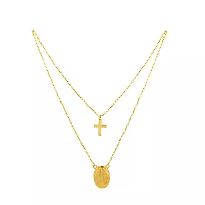 14k Gold Miraculous Virgin Mary Medal And Cross Yellow Gold Layered Necklace • $558.59