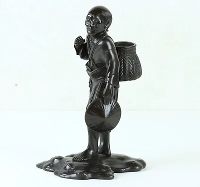Antique Japanese Meiji Period Bronze Of An Old Man Carrying A Basket • £395