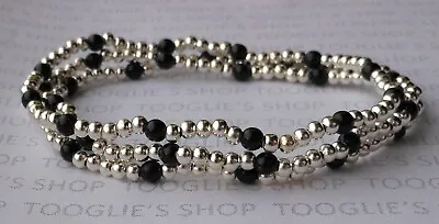 £3.75 • Buy Set Of 3 Handmade Silver Plated & Black Bead Stretch Bracelets Bnwt (144))