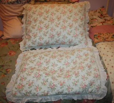 2 Laura Ashley Home Shams Blue Rose Pillow Cases Shabby Chic Lace Satin Lining • $42