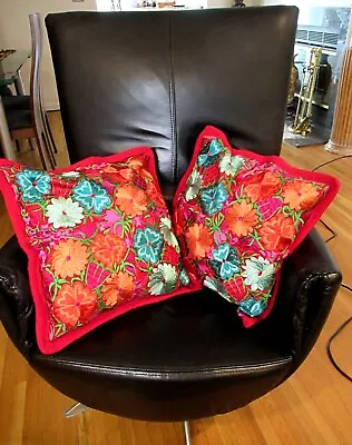 PAIR Of MEXICAN MAYA MAYAN SILK EMBROIDERY HAND MADE PILLOW CUSHION COVERS 18x18 • $58.25