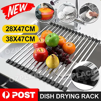 Stainless Steel Dish Drying Rack Over Sink Kitchen Foldable RollUp Mat • $9.95