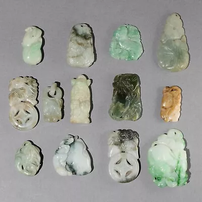 $5.50 • Buy 13Pc Vintage Chinese Carved Jadeite Jade Pendants Group Lot #3